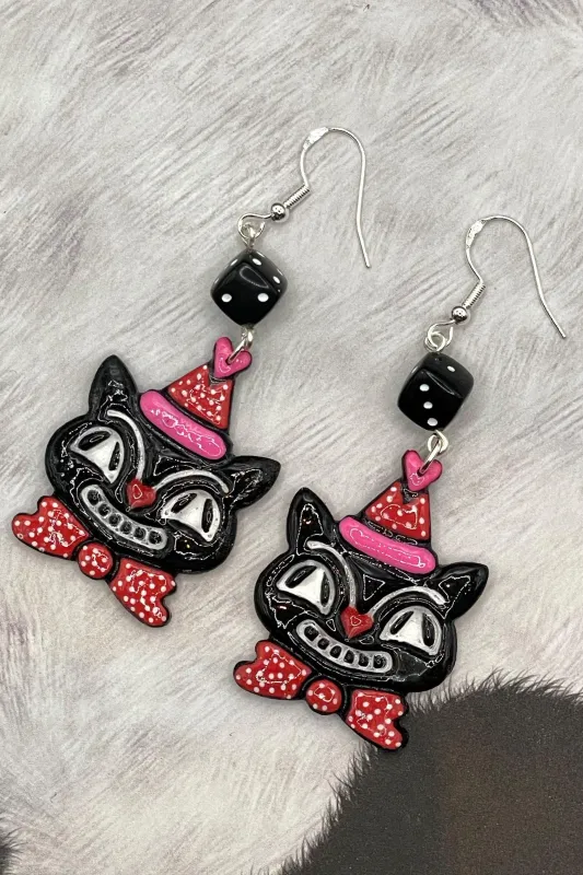 Cat Lover - Retro Kitty Earrings with Party Hat and Dice Detail: Handmade Polymer Clay made by Modcloth