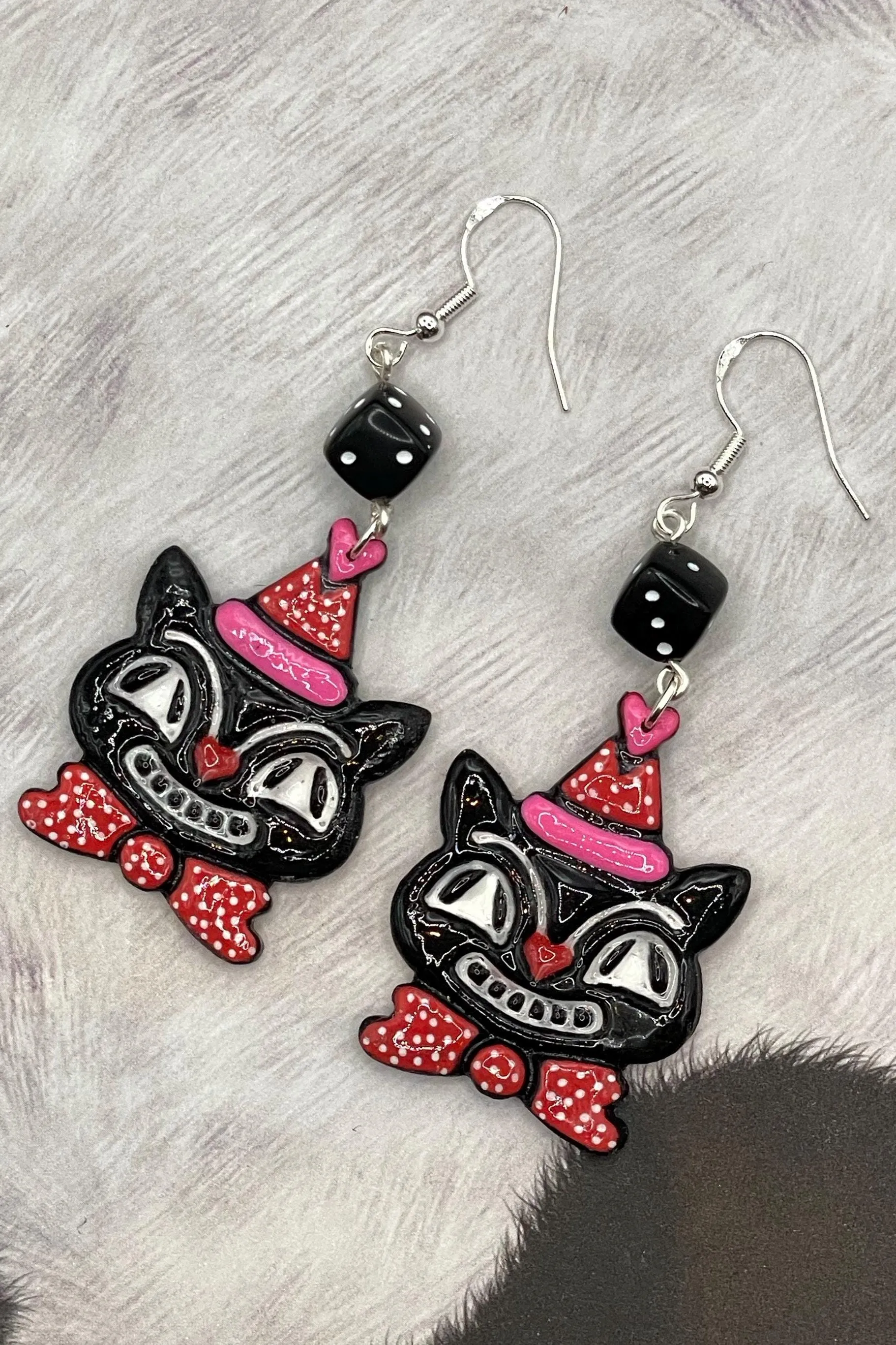 Cat Lover - Retro Kitty Earrings with Party Hat and Dice Detail: Handmade Polymer Clay sold by Modcloth