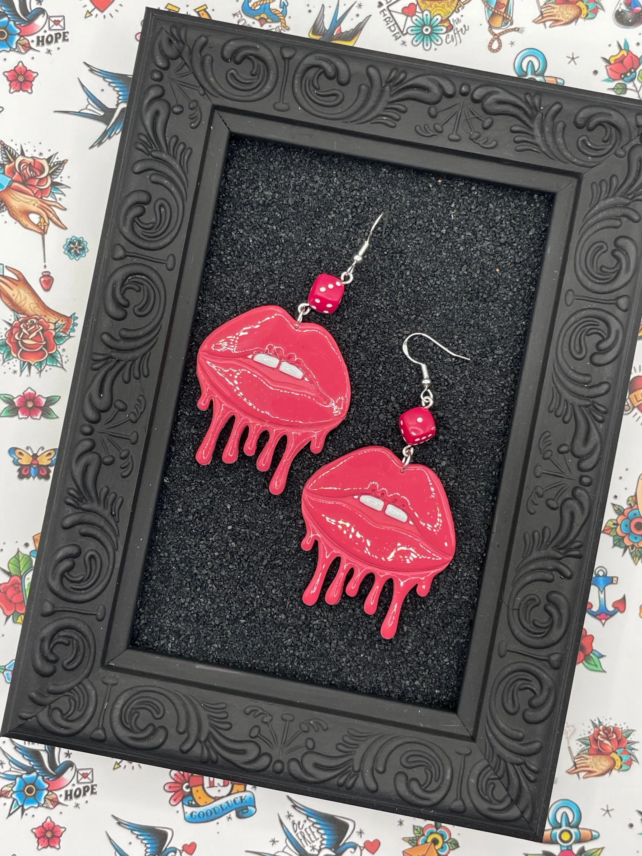 Tattoo - Dripping Lips Earrings with Dice: Handmade Polymer Clay sold by Modcloth product image thumbnail 4