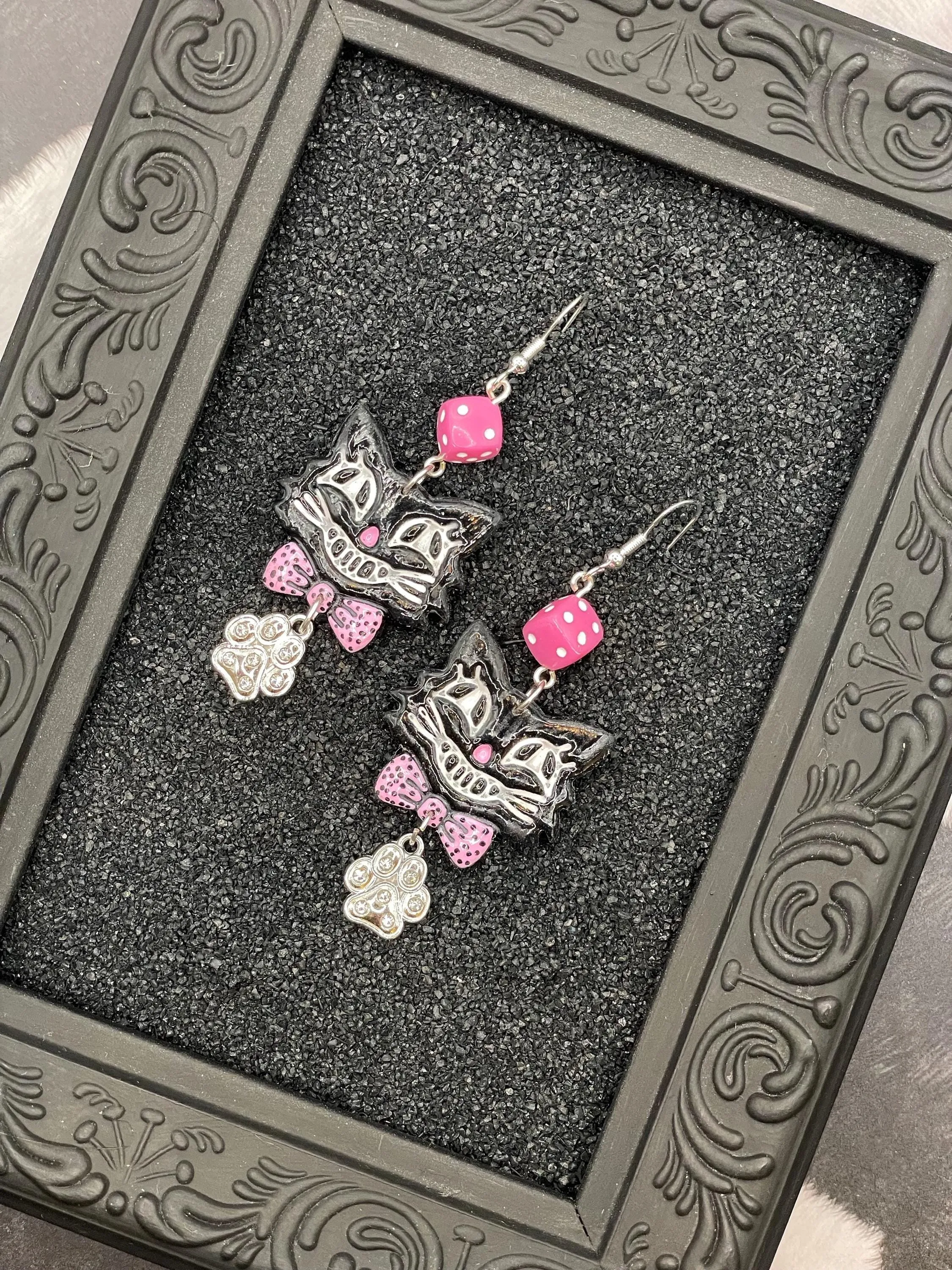 Cat Lover - Retro Kitty Earrings Pink Dice Rhinestone Paw Charms: Handmade Polymer Clay sold by Modcloth product image thumbnail 4