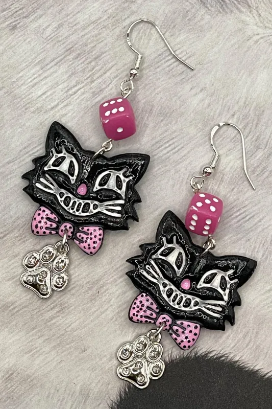 Cat Lover - Retro Kitty Earrings Pink Dice Rhinestone Paw Charms: Handmade Polymer Clay made by Modcloth