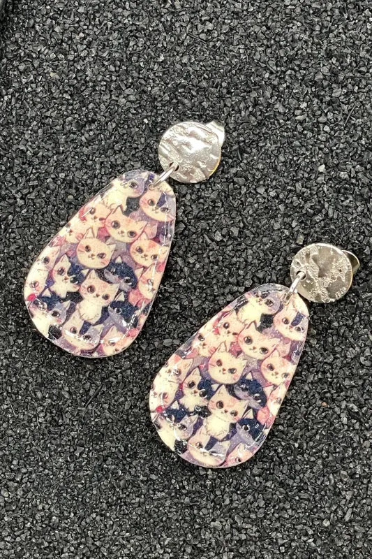 Cat Lover - Retro Kitty Printed Dangle Earrings: Handmade Polymer Clay made by Modcloth