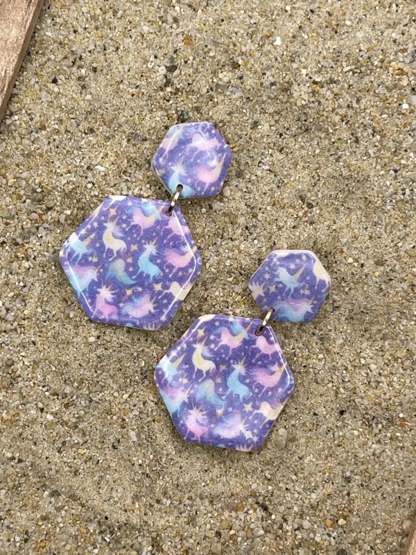 Mystical - Unicorn Printed Dangle Earrings - Handmade Polymer Clay made by Modcloth