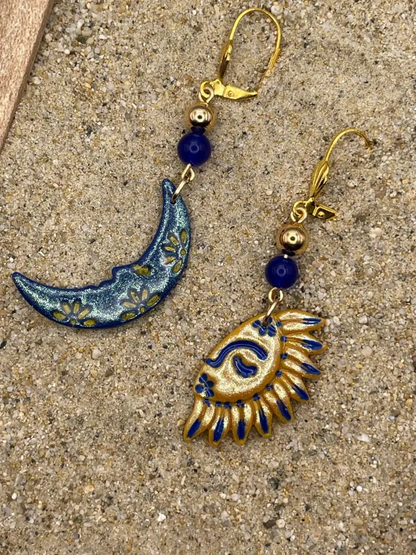 Mystical - Shimmer Sun and Moon Earrings with Lapis Lazuli Handmade Polymer Clay made by Modcloth