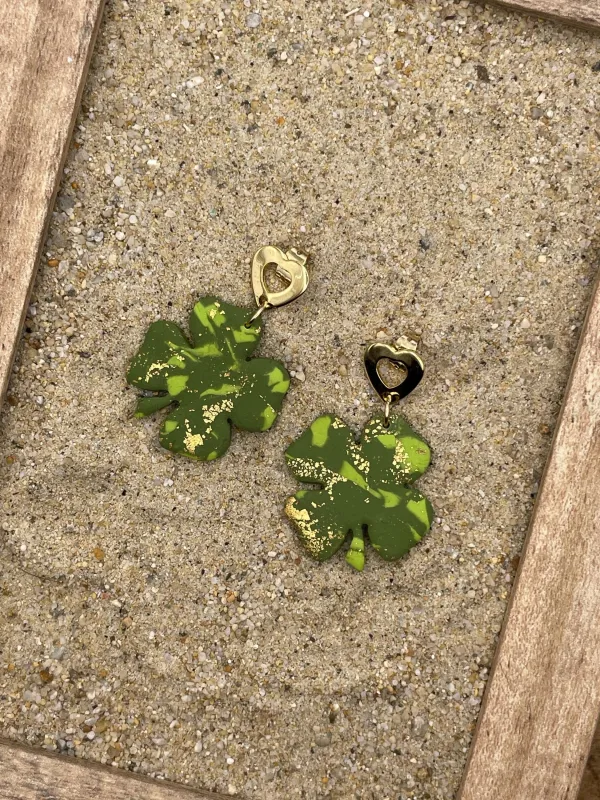 Lucky - Four Leaf Clover Dangle Earrings with Heart Posts: Handmade Polymer Clay made by Modcloth