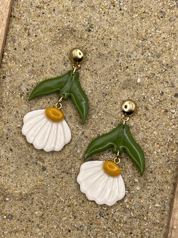 Spring Fling - White Daisy Dangle Earrings: Handmade Polymer Clay made by Modcloth