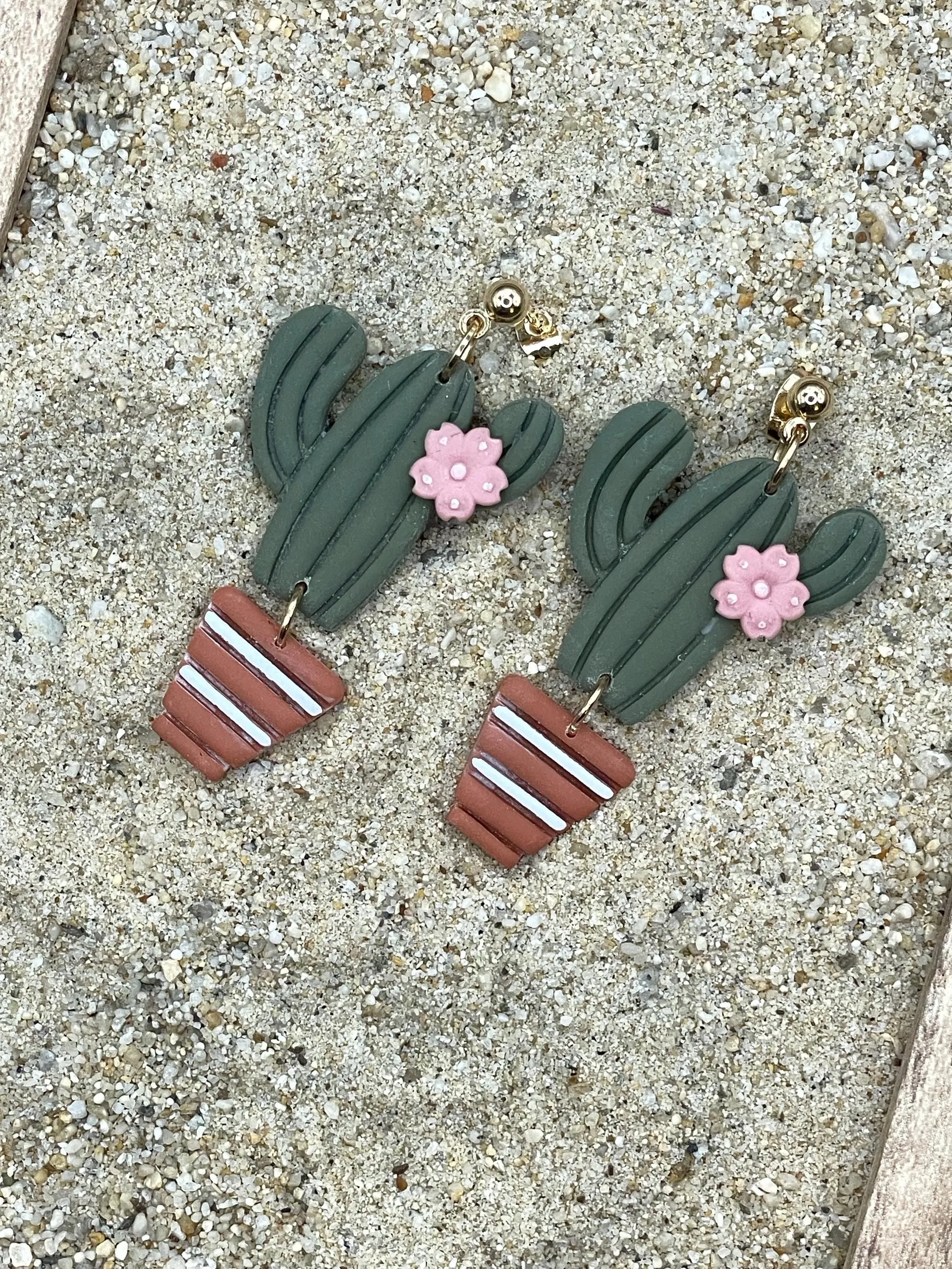 Joshua Tree - Candle Cactus with Pink Flower Earrings: Handmade Polymer Clay sold by Modcloth