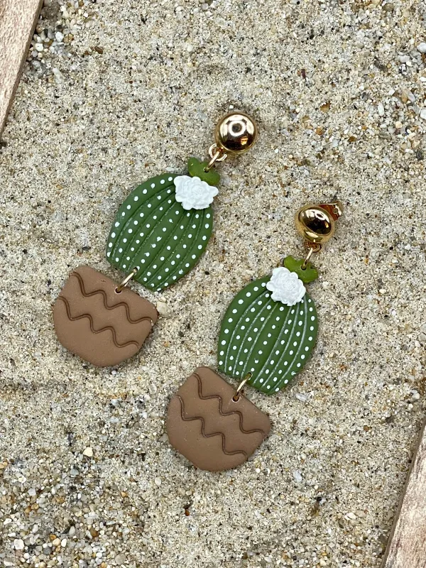 Joshua Tree - Barrel Cactus with White Flower Earrings: Handmade Polymer Clay made by Modcloth