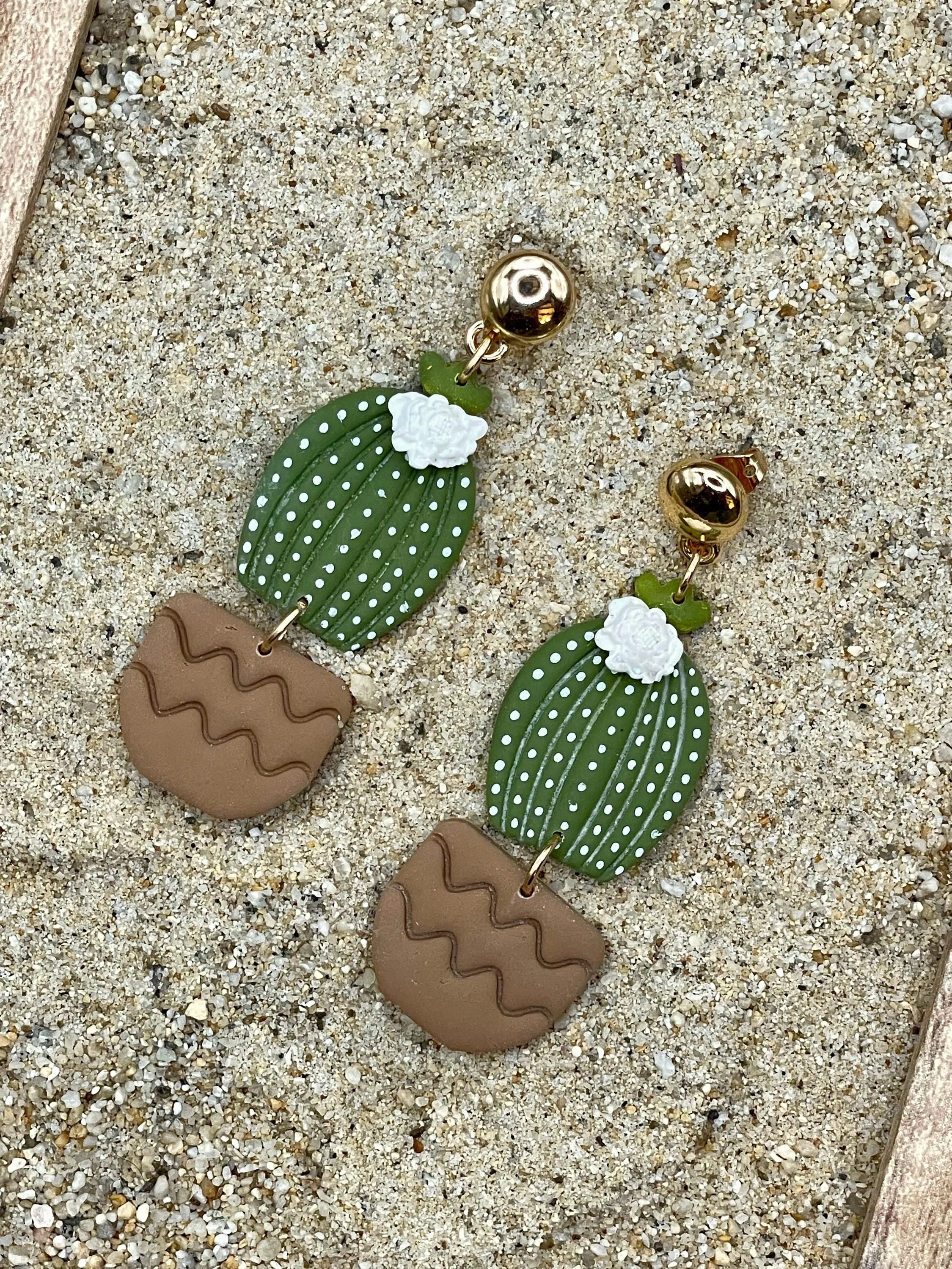 Joshua Tree - Barrel Cactus with White Flower Earrings: Handmade Polymer Clay sold by Modcloth
