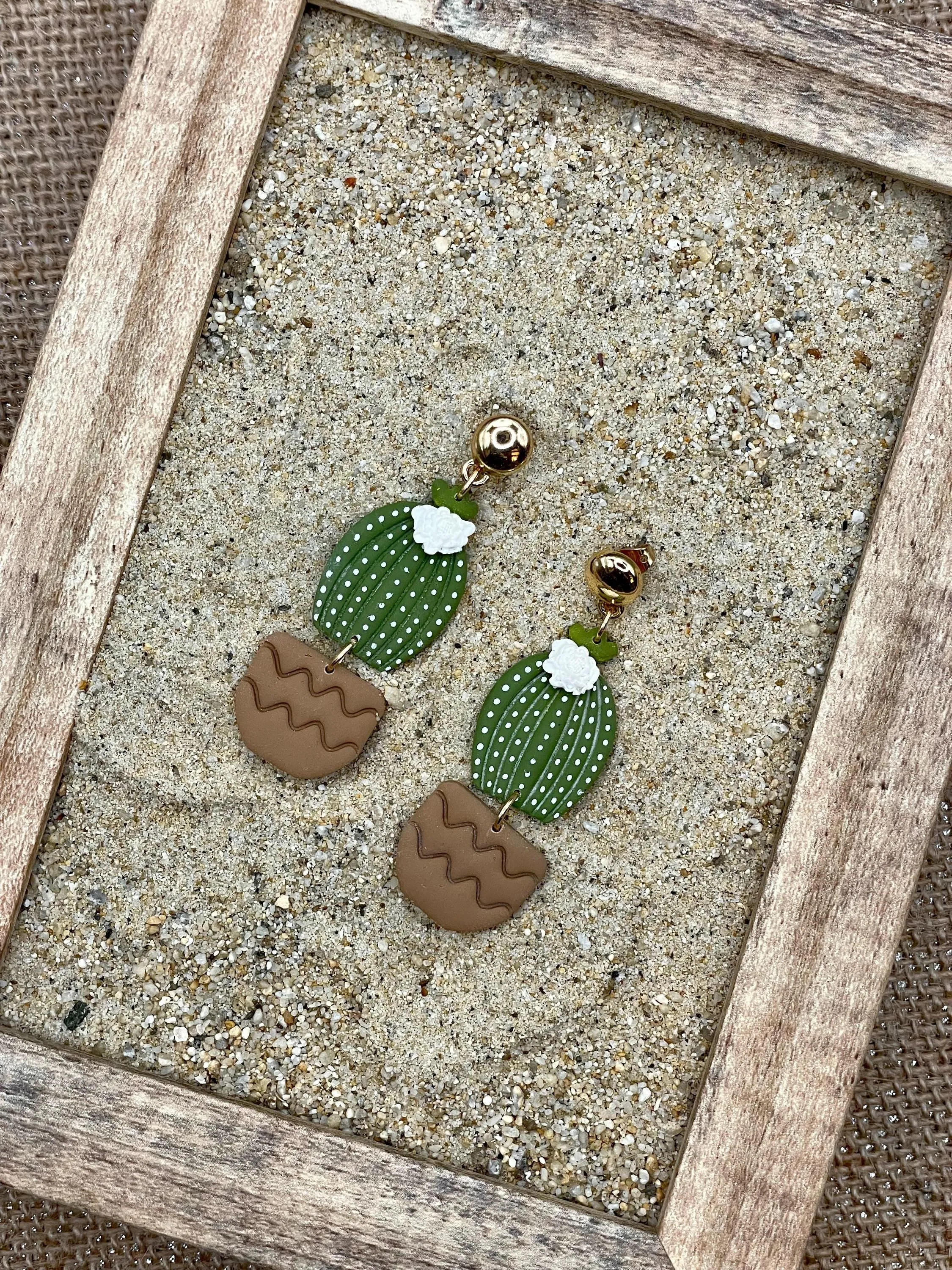 Joshua Tree - Barrel Cactus with White Flower Earrings: Handmade Polymer Clay sold by Modcloth product image thumbnail 3
