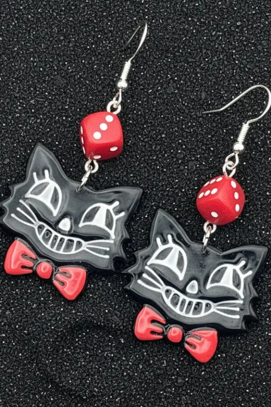 Cat Lover - Retro Kitty Earrings with Red Dice Detail: Handmade Polymer Clay made by Modcloth