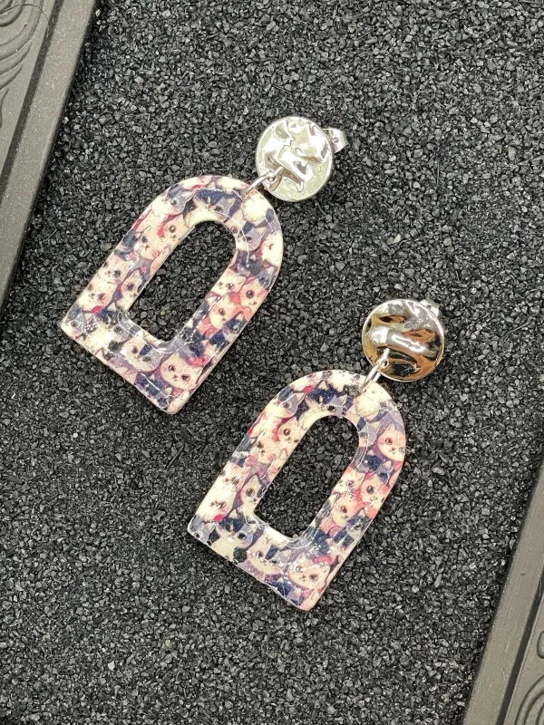 Cat Lover - Retro Kitty Printed Arched Dangle Earrings: Handmade Polymer Clay made by Modcloth