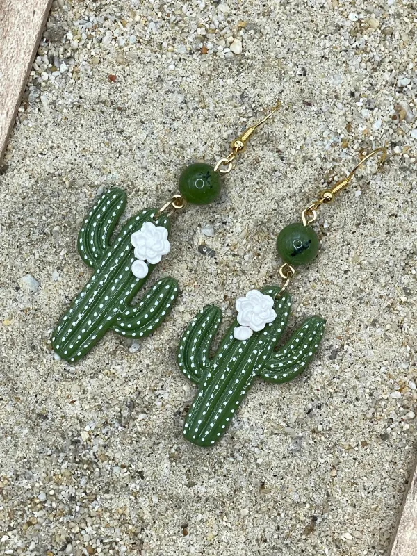 Joshua Tree - Saguaro Cactus with Jade Bead Earrings: Handmade Polymer Clay made by Modcloth