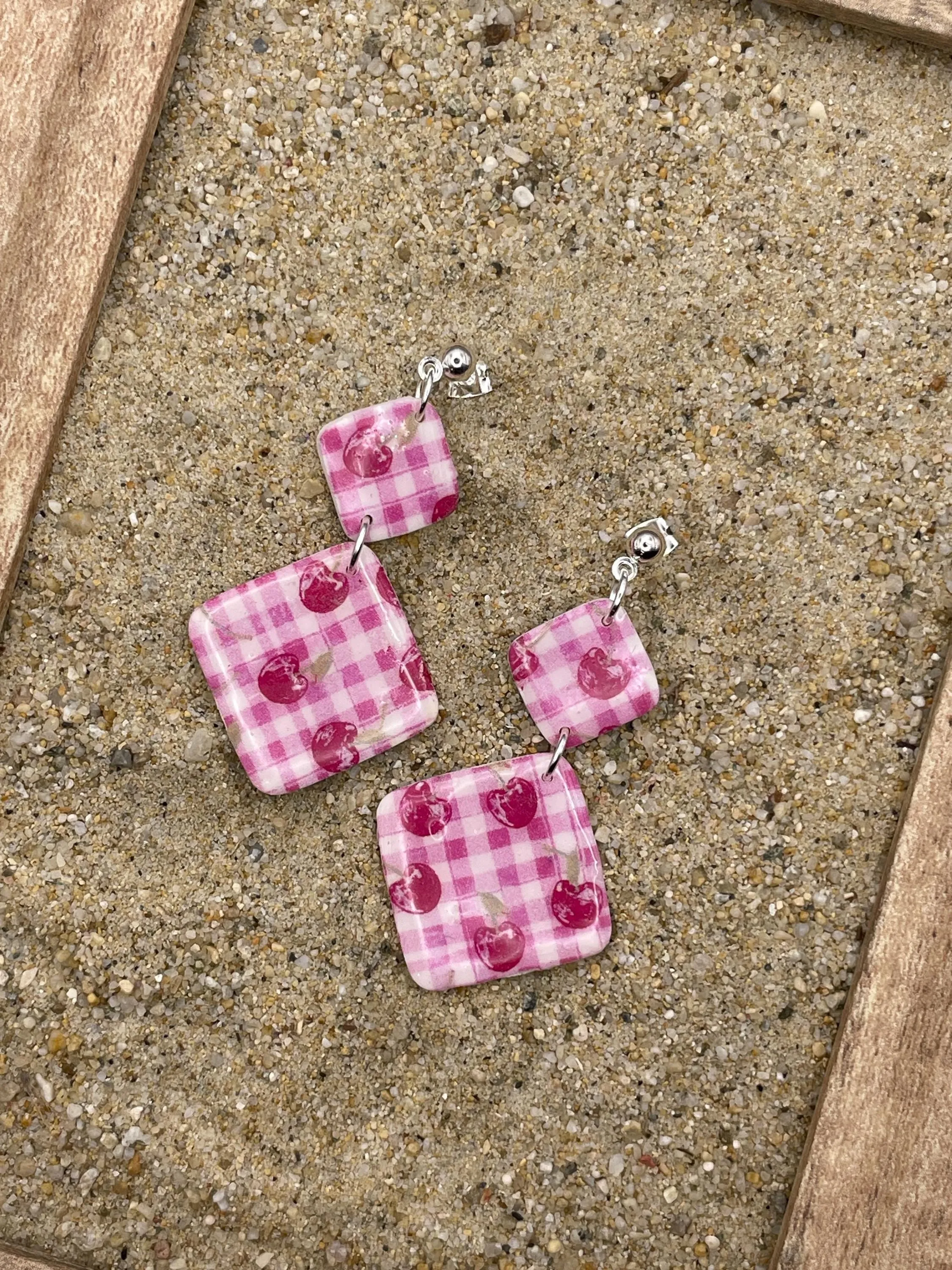 Tutti Frutti - Cherry Gingham Printed Dangle Earrings: Handmade Polymer Clay sold by Modcloth product image thumbnail 3