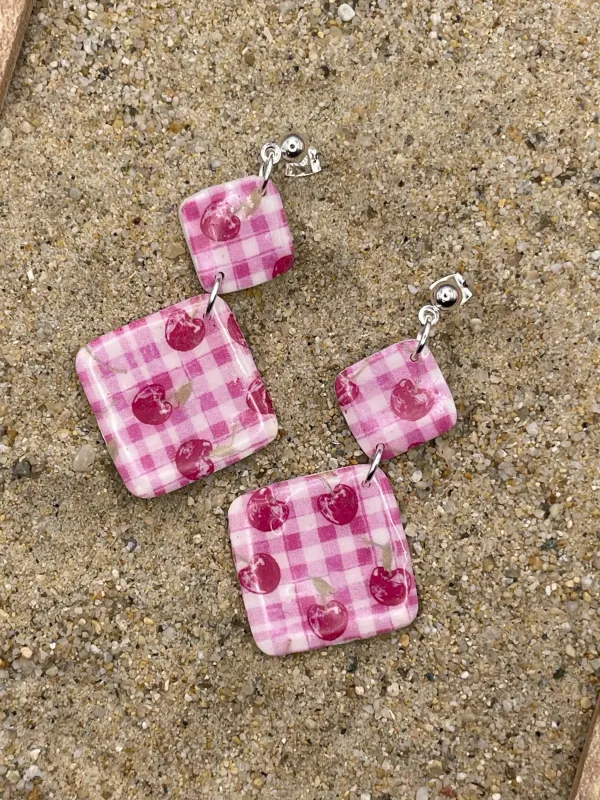 Tutti Frutti - Cherry Gingham Printed Dangle Earrings: Handmade Polymer Clay made by Modcloth
