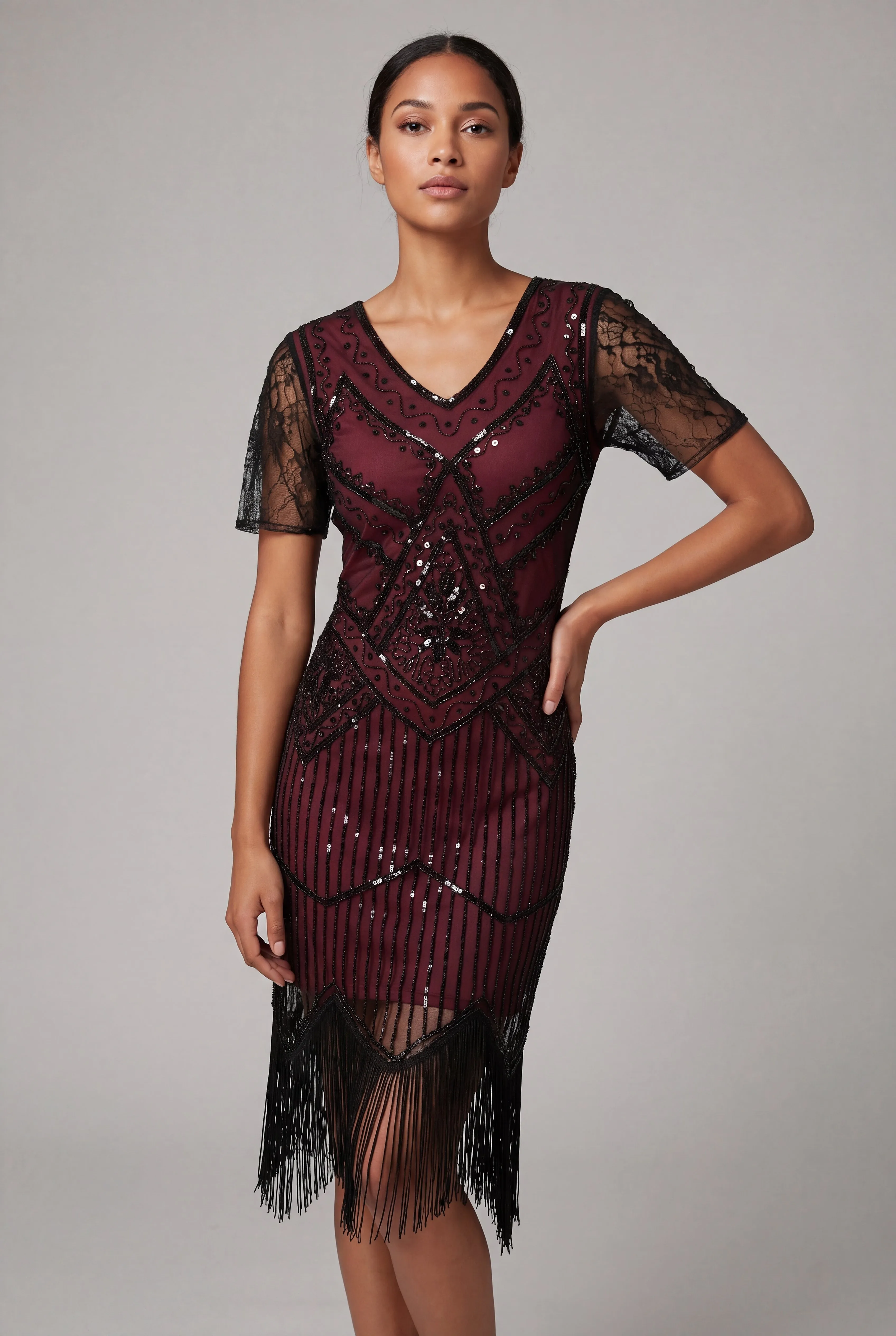 Burgundy Flapper Art Deco Dress sold by Modcloth