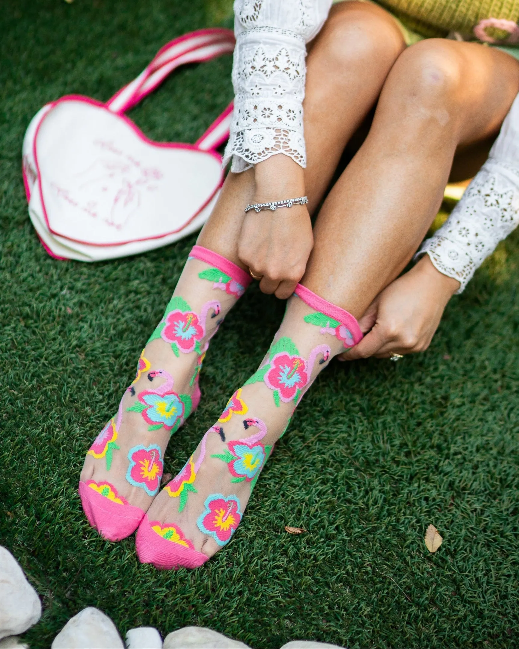 Flamingo Floral Sheer Crew Sock sold by Modcloth