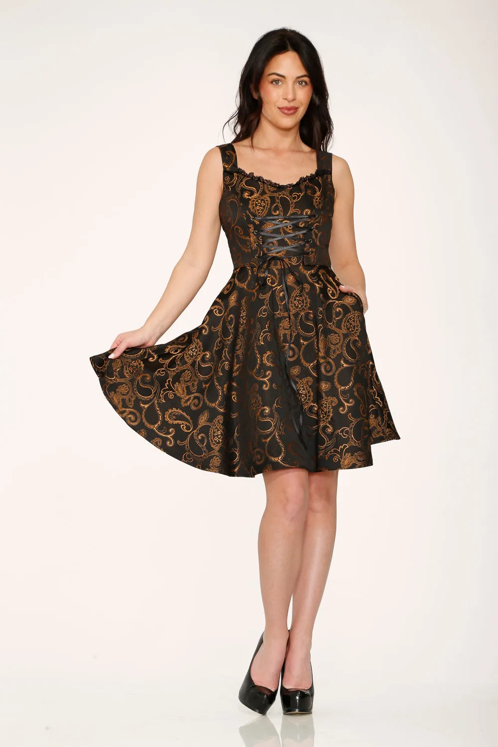 Black Gold Gothic Swing Dress sold by Modcloth