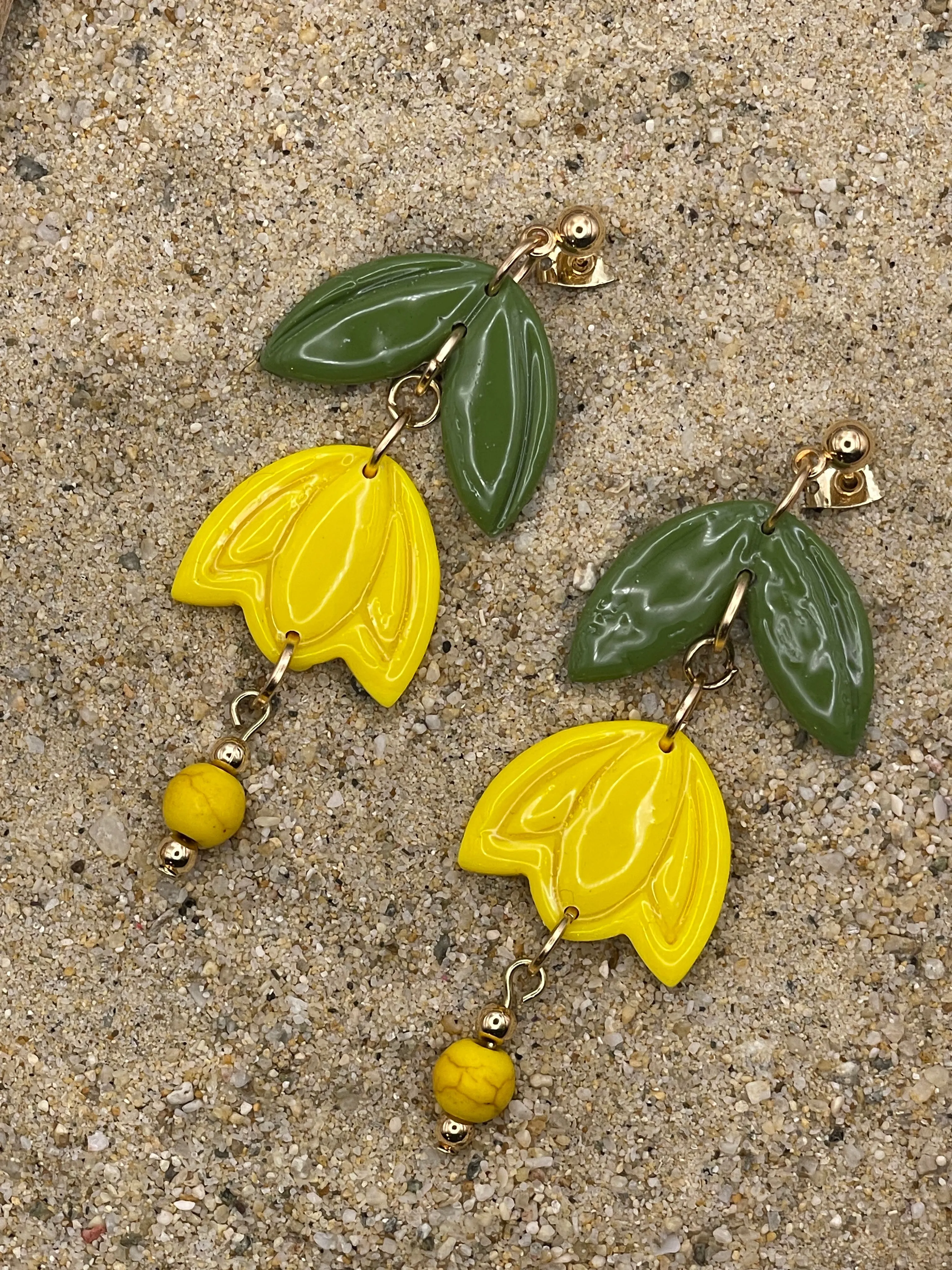 Spring Fling - Yellow Tulip Dangle Earrings with Wood Beads: Handmade Polymer Clay sold by Modcloth