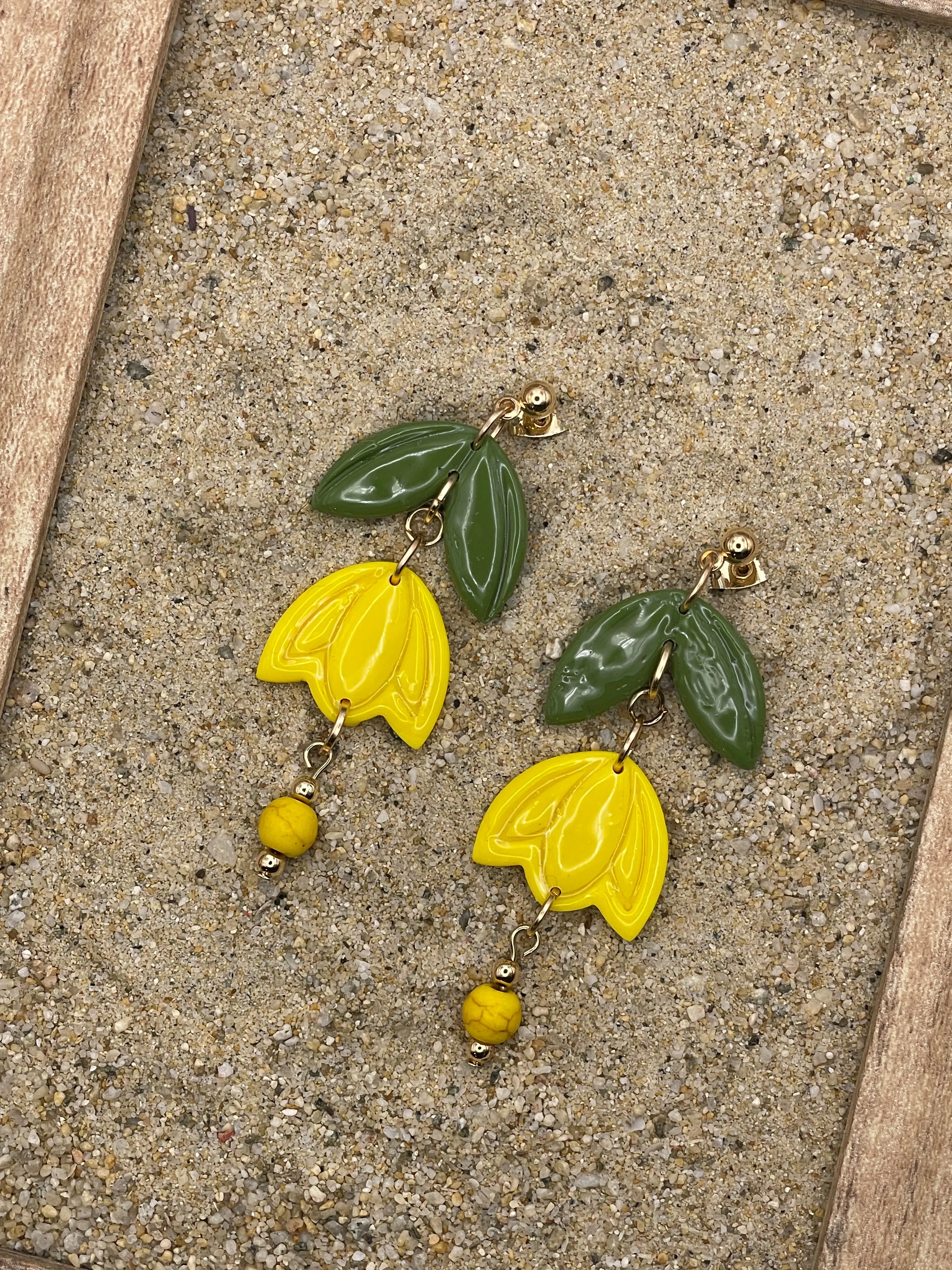Spring Fling - Yellow Tulip Dangle Earrings with Wood Beads: Handmade Polymer Clay sold by Modcloth product image thumbnail 3