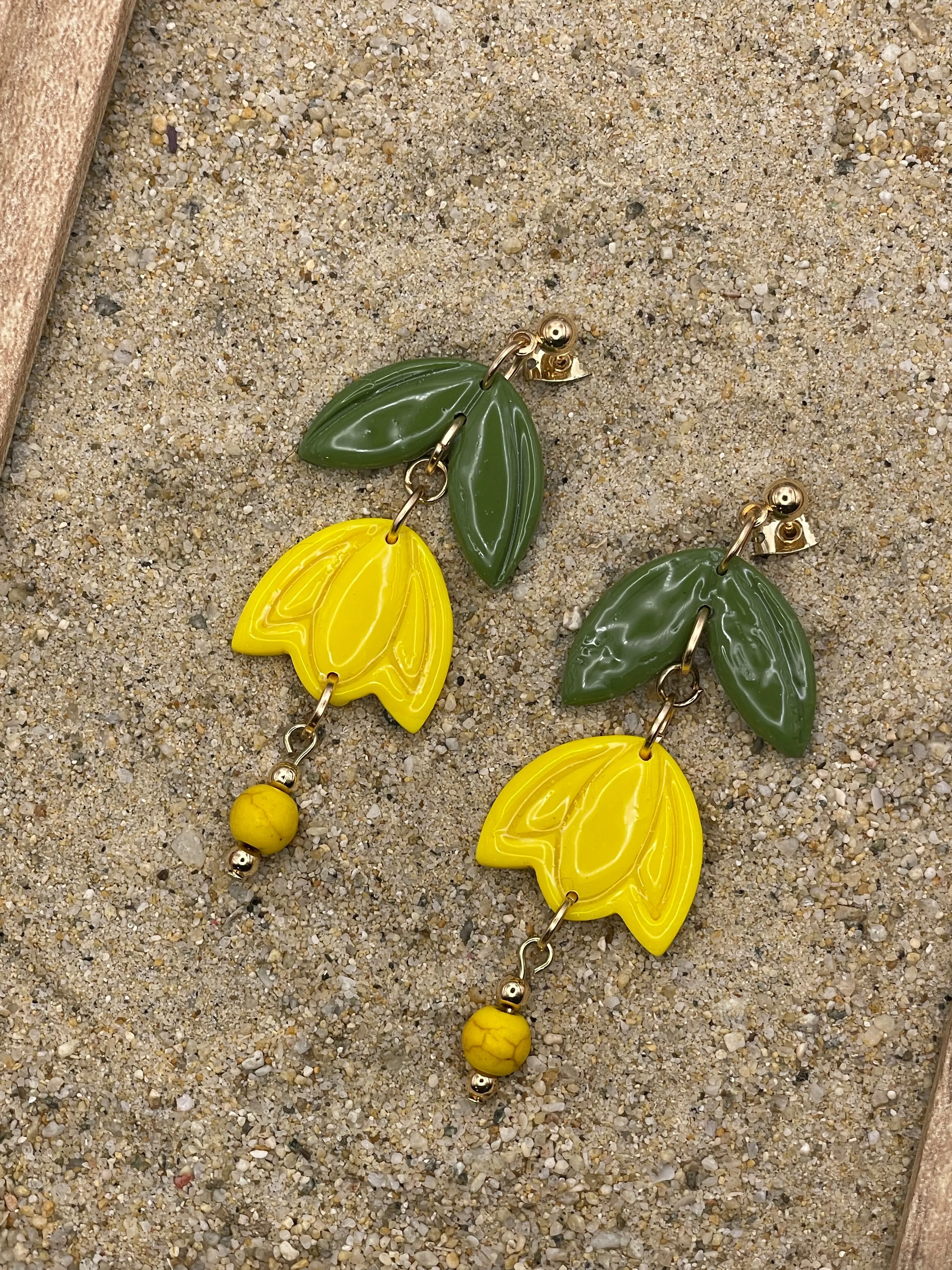 Spring Fling - Yellow Tulip Dangle Earrings with Wood Beads: Handmade Polymer Clay sold by Modcloth product image thumbnail 4