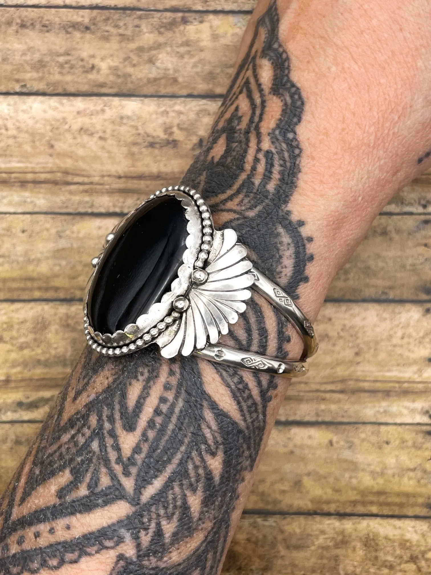 Dianna - Black Onyx with Fan Detail Sterling Silver Cuff Bracelet sold by Modcloth product image thumbnail 2