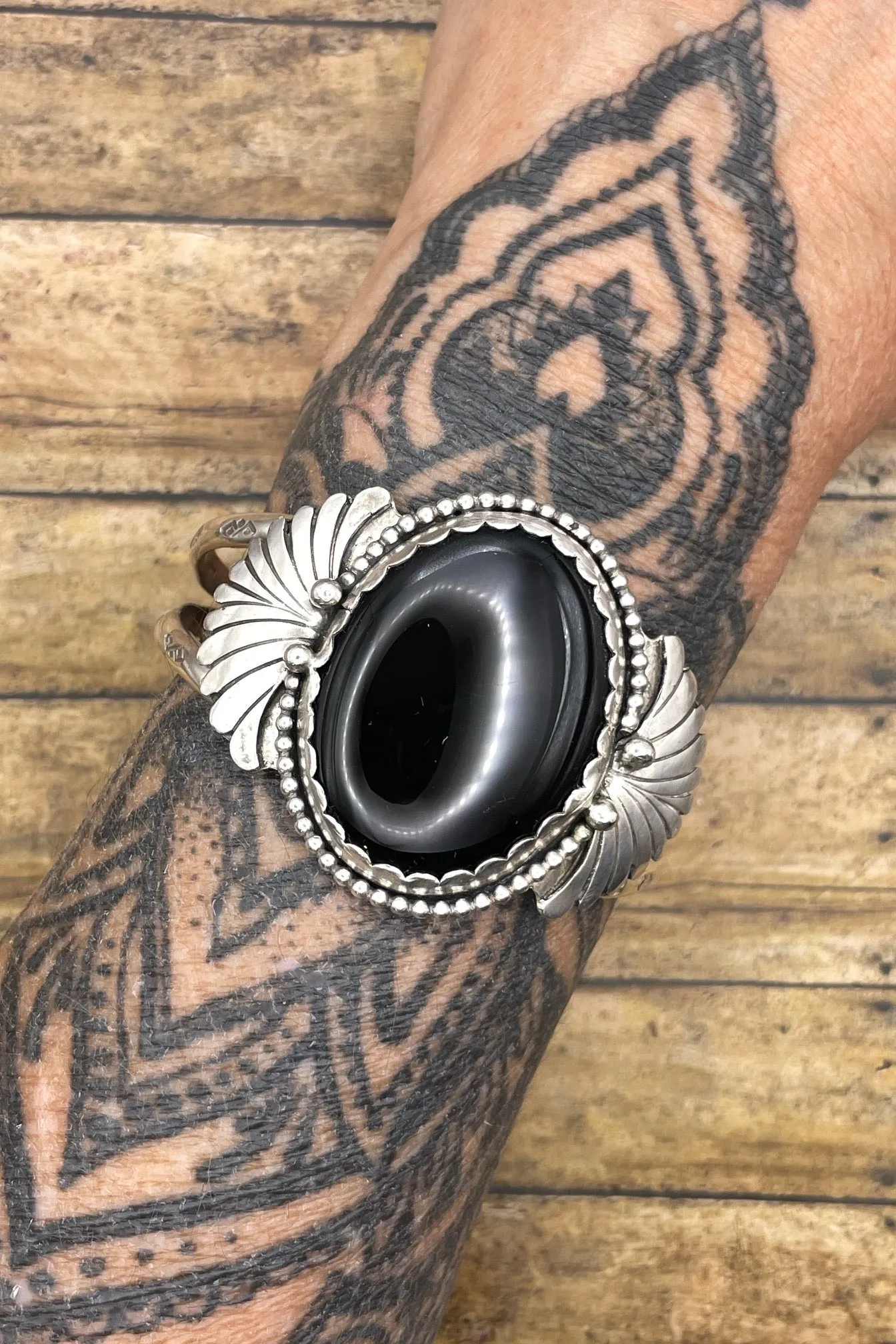 Dianna - Black Onyx with Fan Detail Sterling Silver Cuff Bracelet sold by Modcloth
