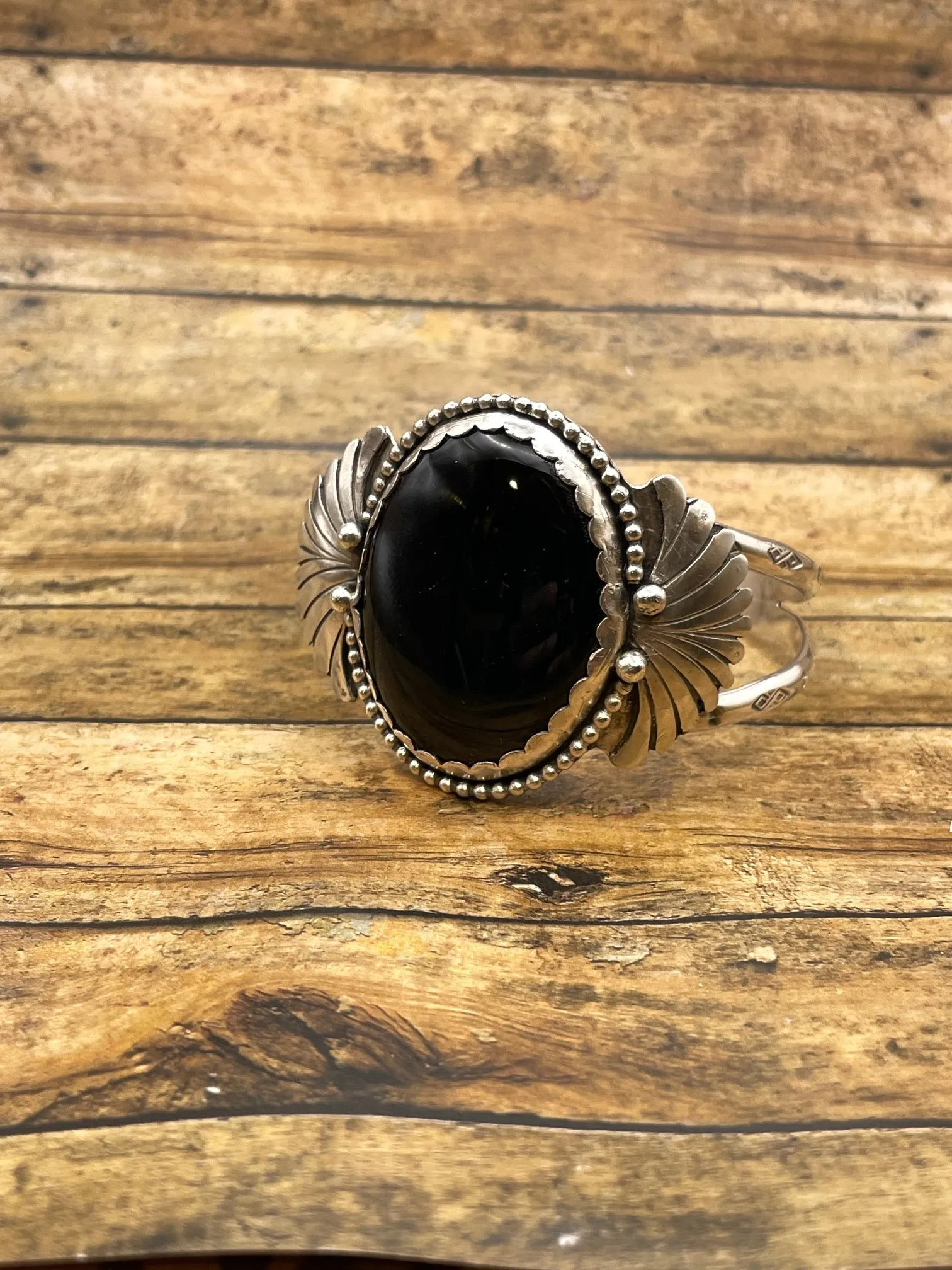 Dianna - Black Onyx with Fan Detail Sterling Silver Cuff Bracelet sold by Modcloth product image thumbnail 3