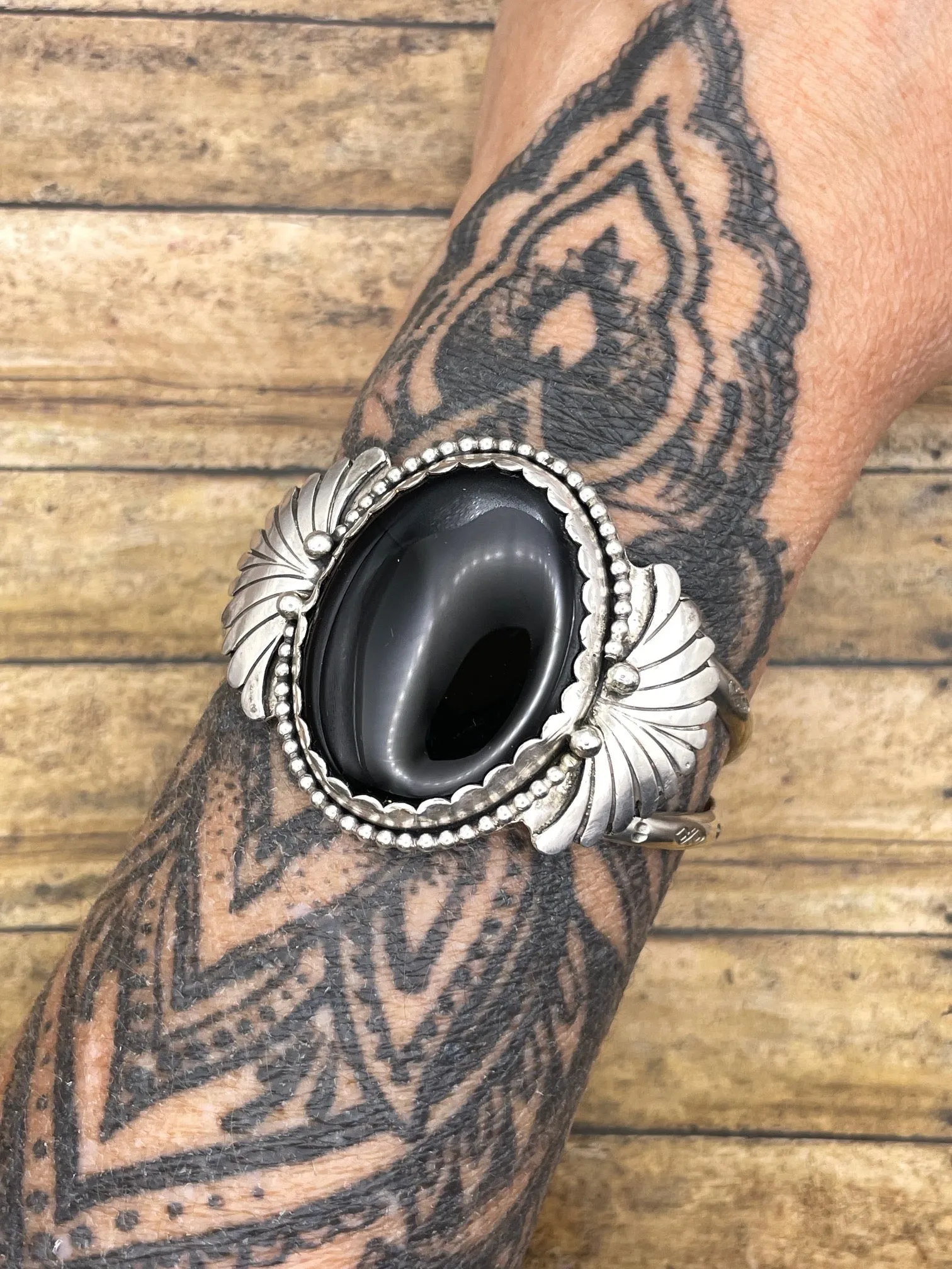 Dianna - Black Onyx with Fan Detail Sterling Silver Cuff Bracelet sold by Modcloth product image thumbnail 5