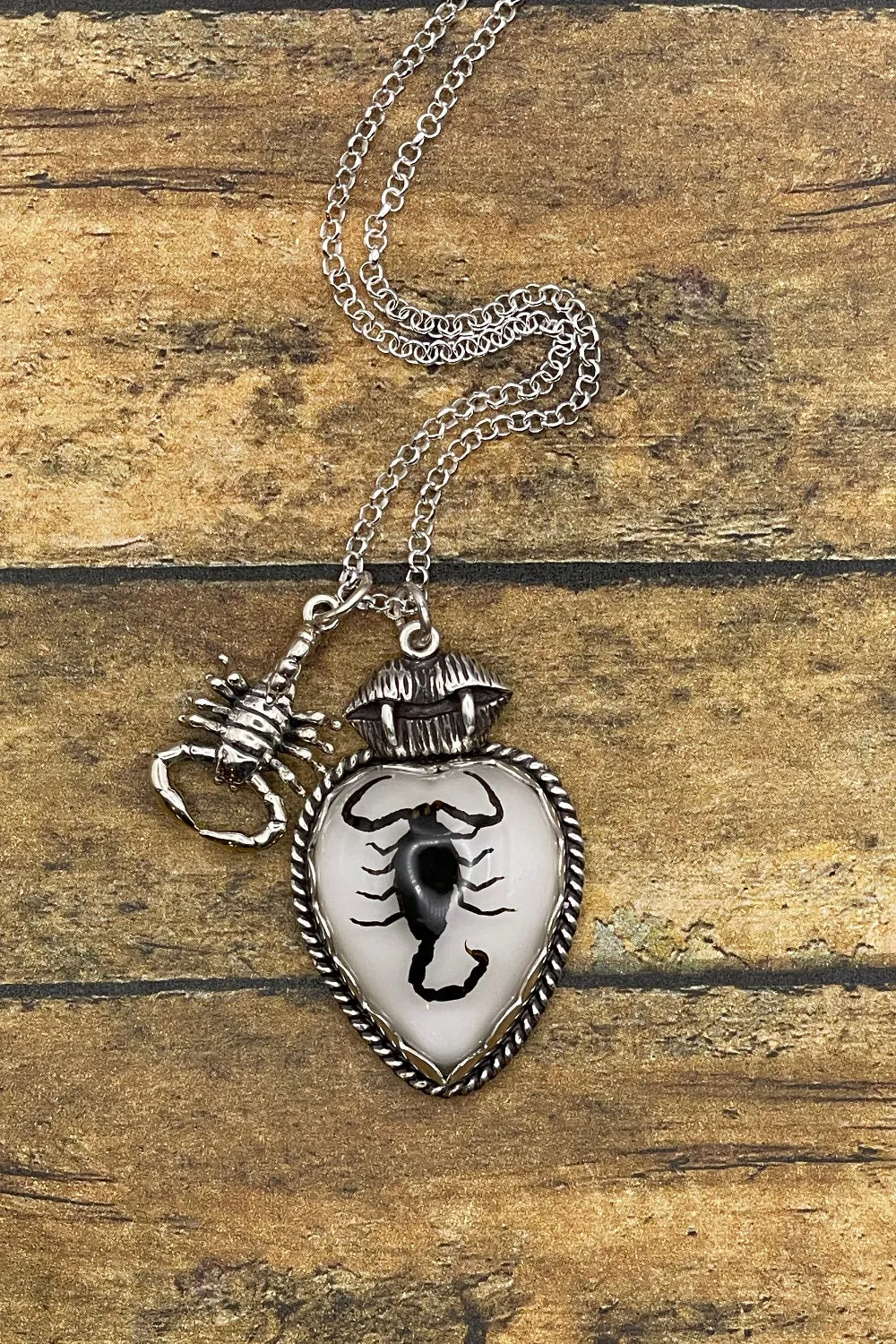 Wilma - Black Scorpion in White Resin Heart Charm Necklace with Charm sold by Modcloth
