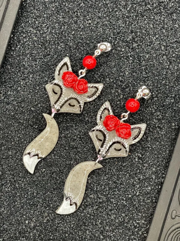 Magical Forest - Silver Fox with Red Flower Earrings: Handmade Hand-painted Polymer Clay made by Modcloth