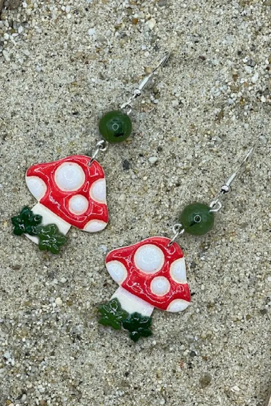 Magical Forest - Red and White Mushroom Earrings with Jade Bead: Handmade Polymer Clay made by Modcloth