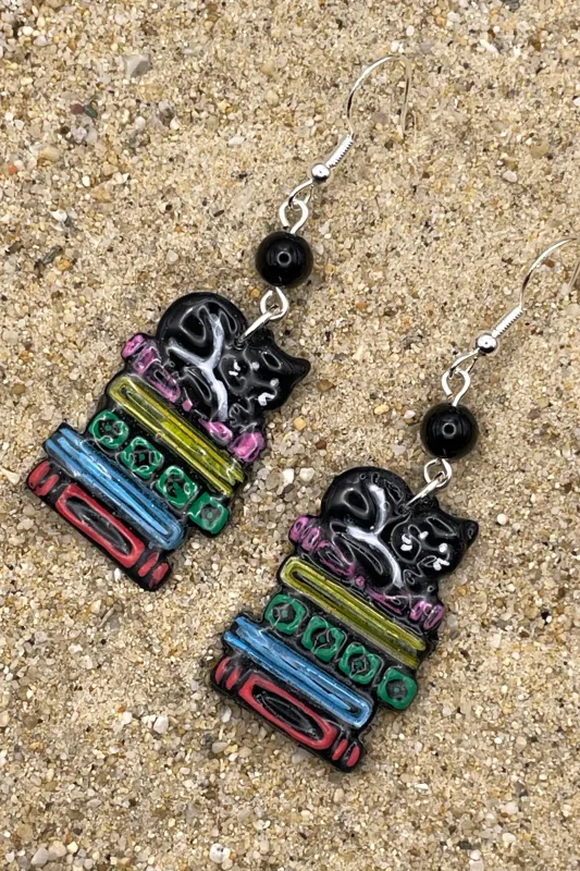 Cat Lover - Kitty Sleeping on Stack of Books Earrings: Handmade, Polymer Clay made by Modcloth