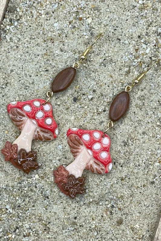 Magical Forest - Red Mushroom Earrings with Wood Bead: Handmade Polymer Clay made by Modcloth