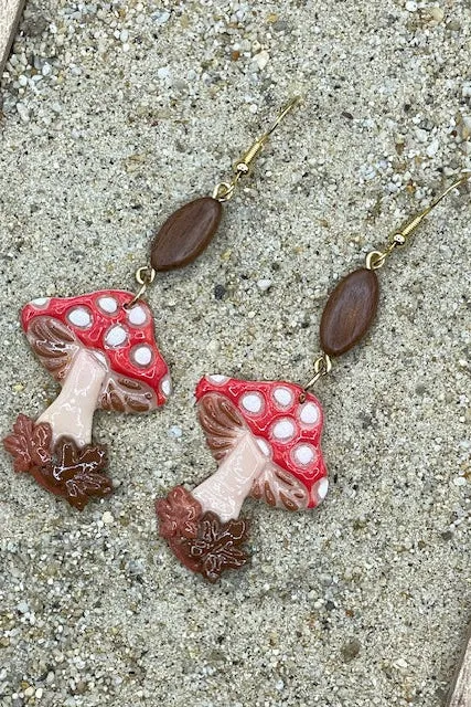 Magical Forest - Red Mushroom Earrings with Wood Bead: Handmade Polymer Clay sold by Modcloth
