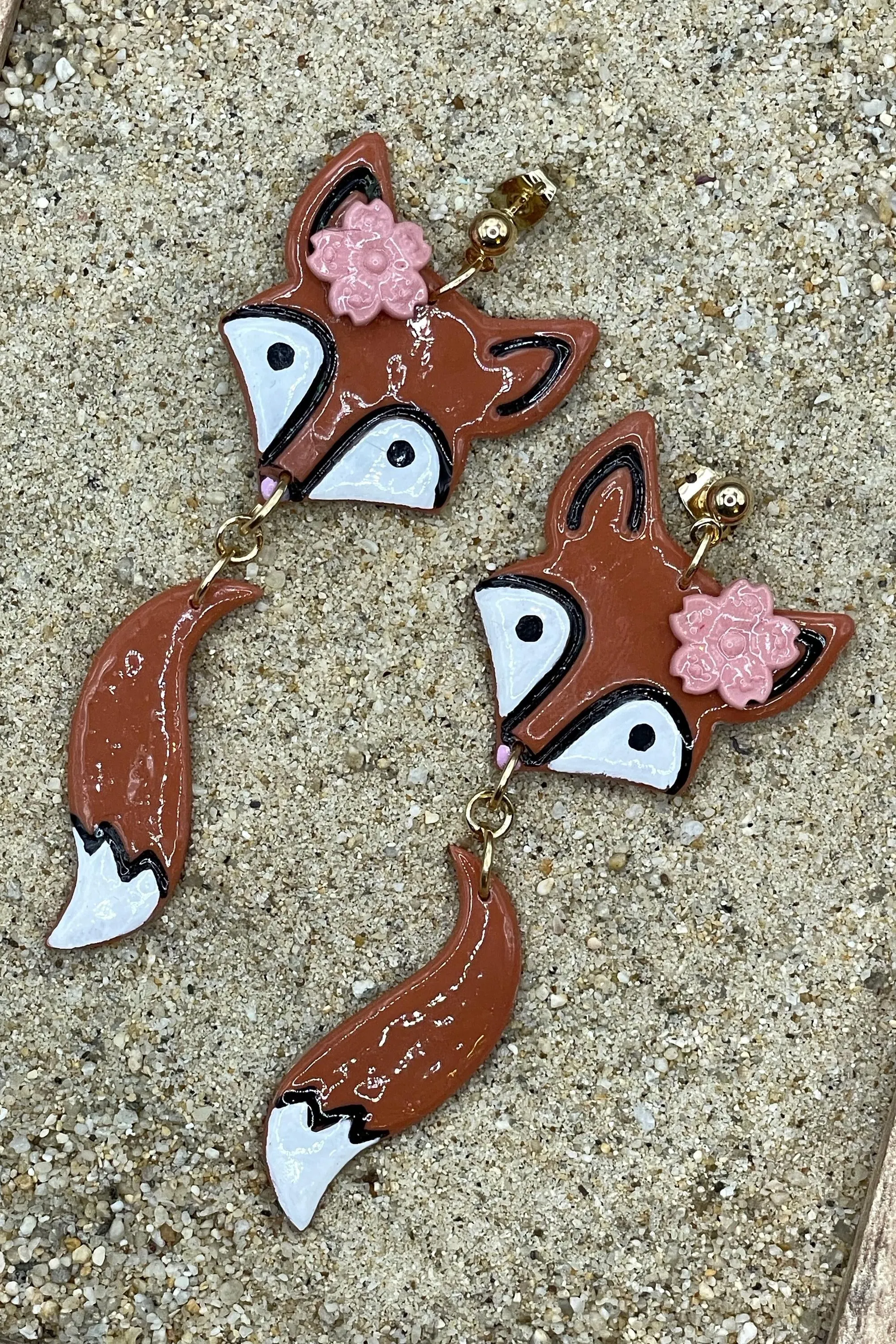 Magical Forest - Red Fox Earrings with Pink Flower: Handmade, Hand-painted Polymer Clay sold by Modcloth