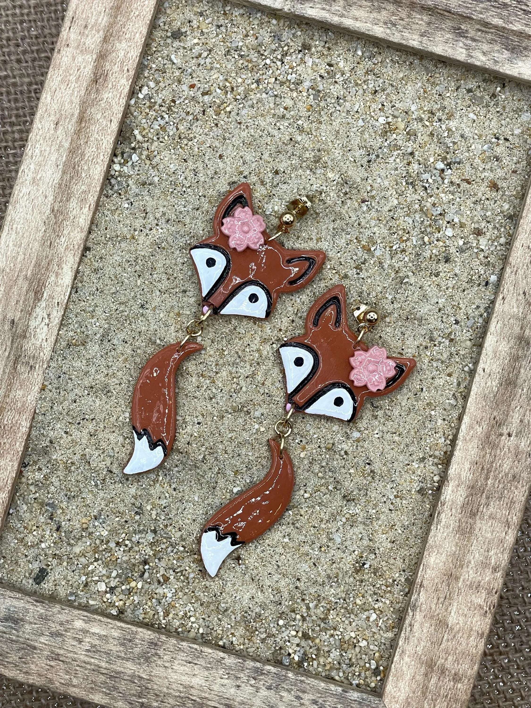 Magical Forest - Red Fox Earrings with Pink Flower: Handmade, Hand-painted Polymer Clay sold by Modcloth product image thumbnail 3