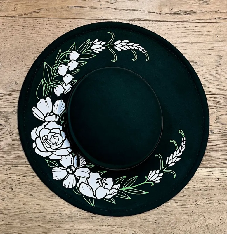 Vegan Felt Hat - XL Brim - Flat Top - Floral Crescent Moon made by Modcloth