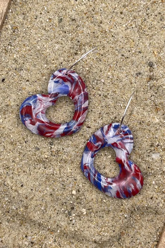 USA - Red White Blue Marbled Heart Hoop Earrings: Handmade, Polymer Clay made by Modcloth