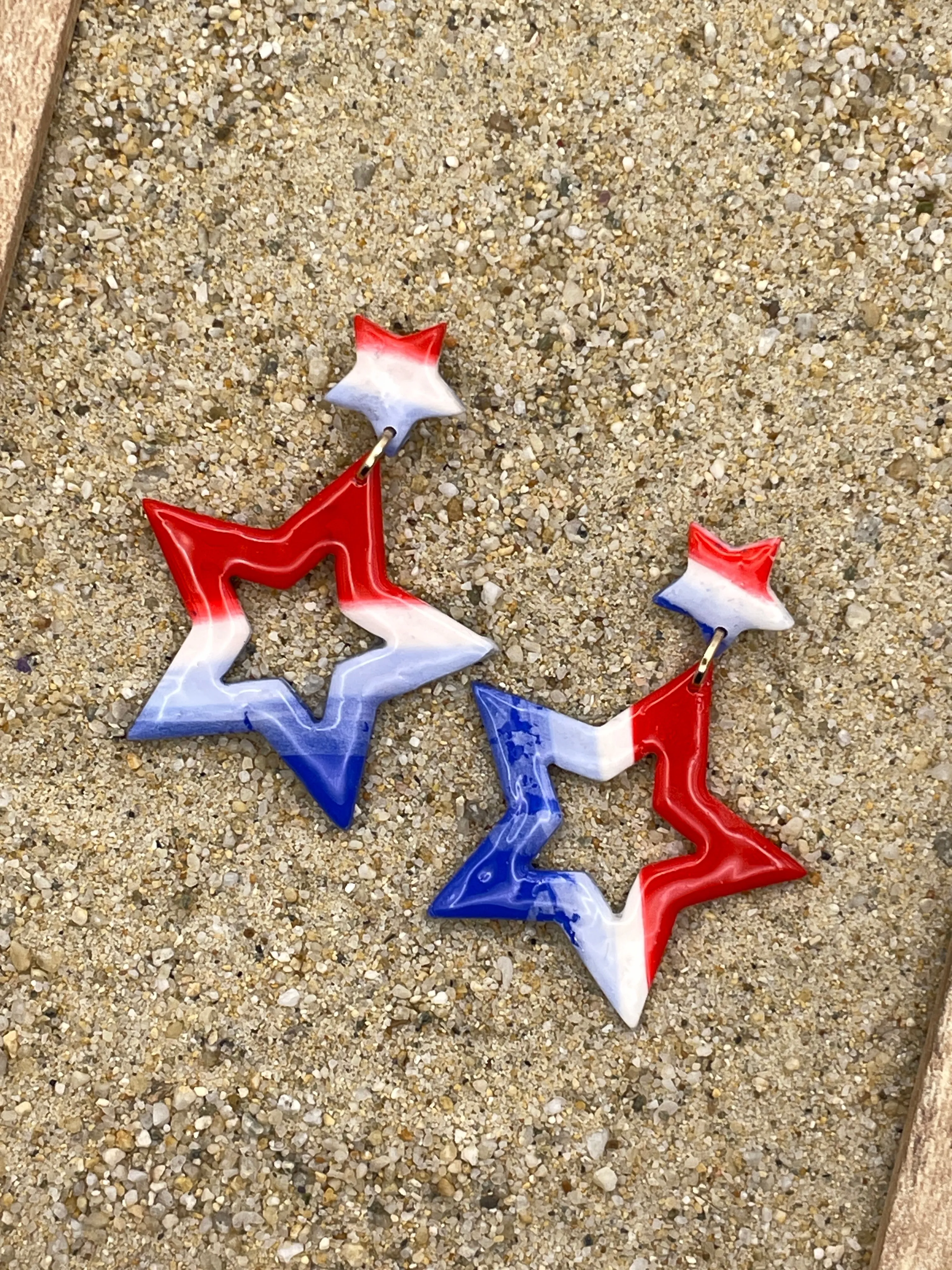 USA - Red White Blue Star Dangle Earrings: Handmade, Hand-Painted Polymer Clay sold by Modcloth product image thumbnail 3