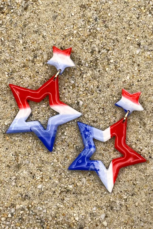 USA - Red White Blue Star Dangle Earrings: Handmade, Hand-Painted Polymer Clay made by Modcloth