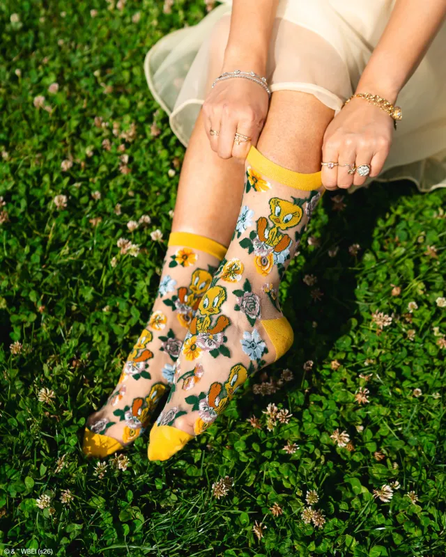 Tweety Floral Sheer Crew Sock made by Modcloth