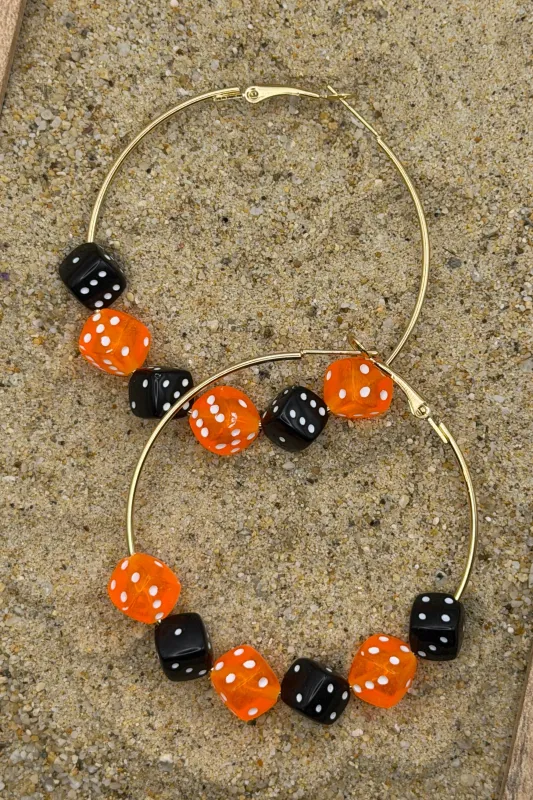 Salem - Orange and Black Dice Large Gold Tone Hoop Earrings made by Modcloth