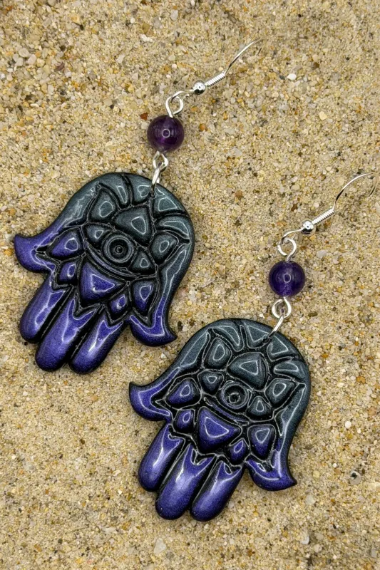 Mystical - Shimmer Hand of Fatima, Hamsa Earrings: Handmade, Hand Painted Polymer Clay made by Modcloth