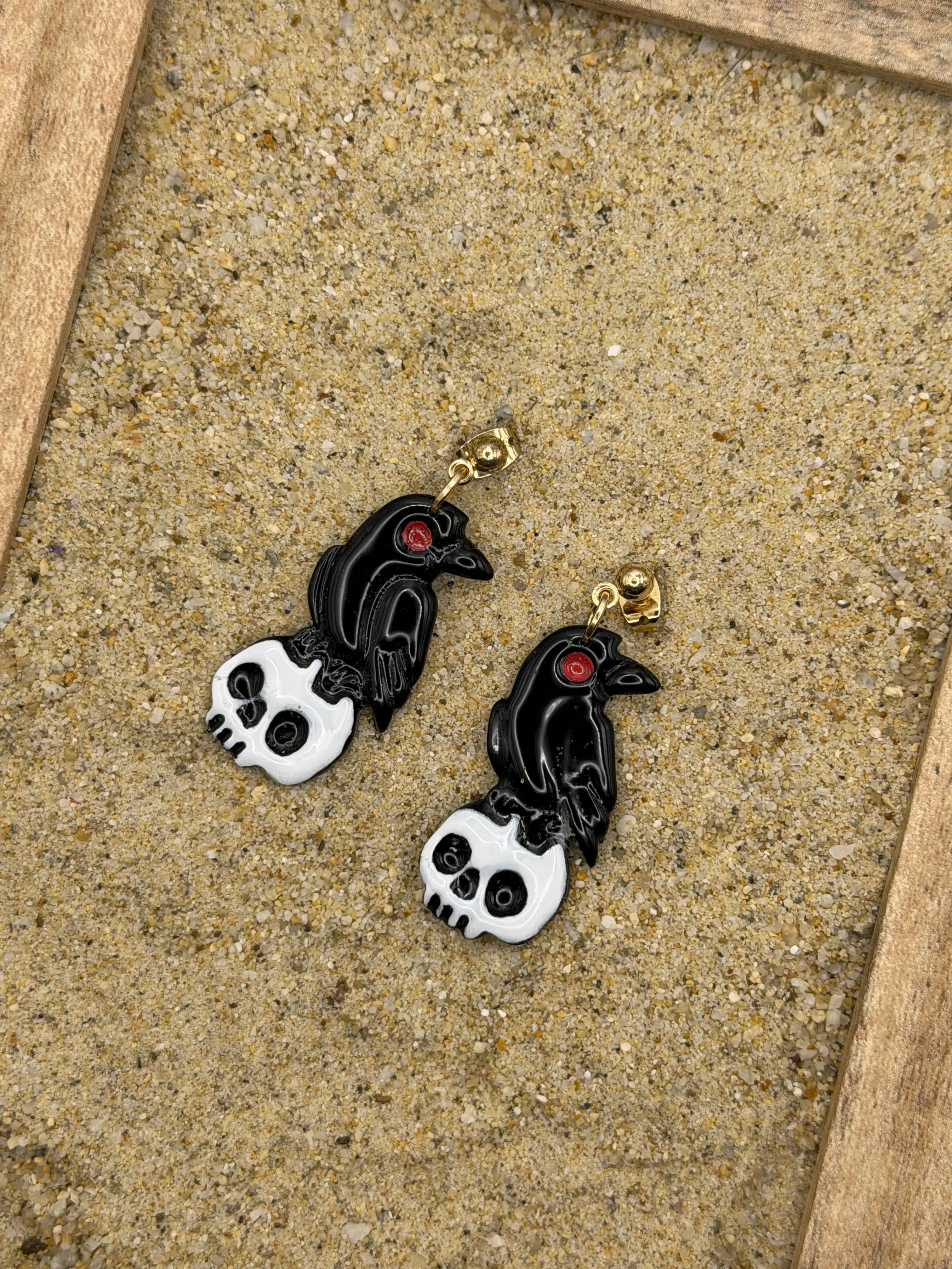 Salem - Crow on Skull Earrings: Handmade, Hand Painted, Polymer Clay sold by Modcloth product image thumbnail 3