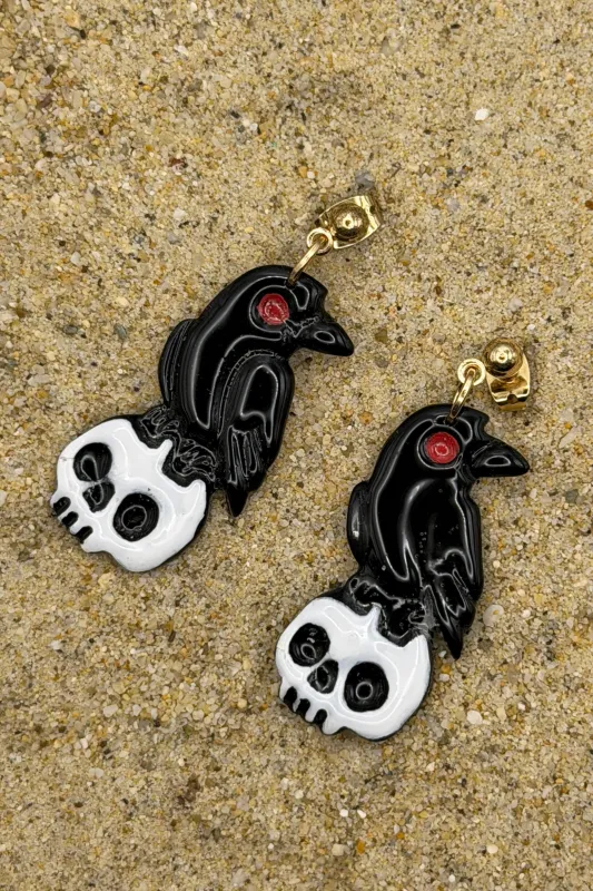Salem - Crow on Skull Earrings: Handmade, Hand Painted, Polymer Clay made by Modcloth