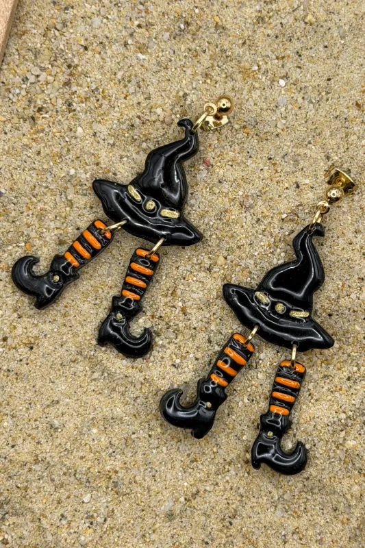 Salem - Witch Hat with Stocking Legs Dangle Earrings: Handmade, Hand Painted, Polymer Clay made by Modcloth