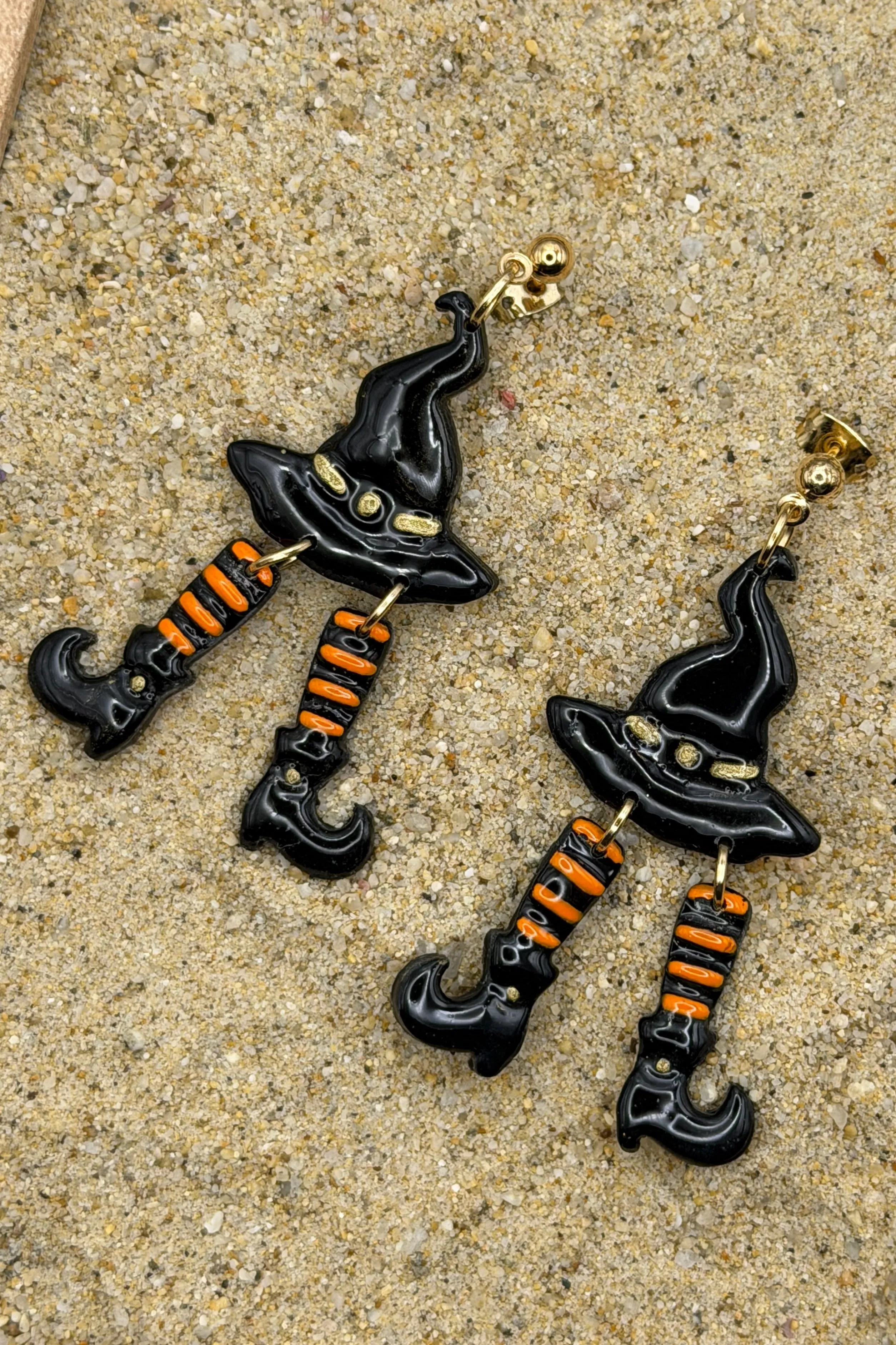 Salem - Witch Hat with Stocking Legs Dangle Earrings: Handmade, Hand Painted, Polymer Clay sold by Modcloth