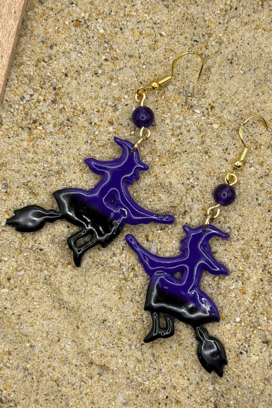 Salem - Witch Flying on Broom Earrings: Handmade, Hand Painted, Polymer Clay made by Modcloth