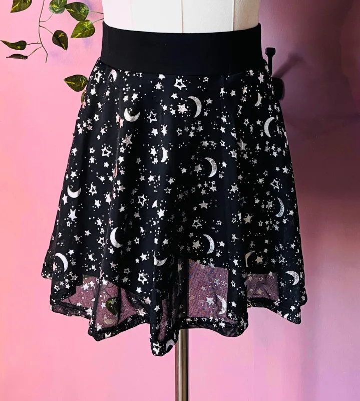 The Morbid Mini Skort - MOON & STARS - Metallic Skirt with Built In Shorts made by Modcloth